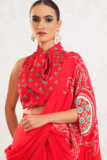 Shop_Miku Kumar_Red Crepe Halter Neck Ishiya Printed Pre-draped Saree With Blouse 