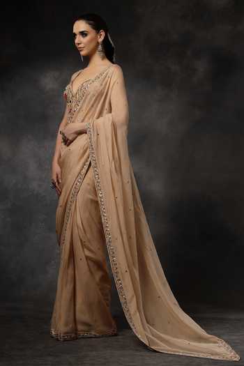Buy_Miku Kumar_Beige Organza Embroidery, Sequins, Beads, Inayat Pre-draped Saree With Corset _Online_at_Aza_Fashions