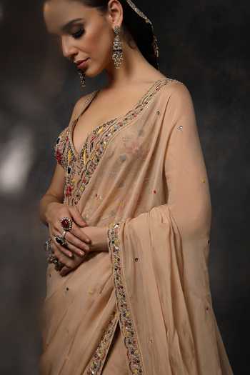 Shop_Miku Kumar_Beige Organza Embroidery, Sequins, Beads, Inayat Pre-draped Saree With Corset _Online_at_Aza_Fashions