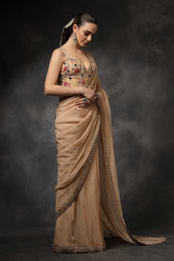 Miku Kumar_Beige Organza Embroidery, Sequins, Beads, Inayat Pre-draped Saree With Corset _at_Aza_Fashions