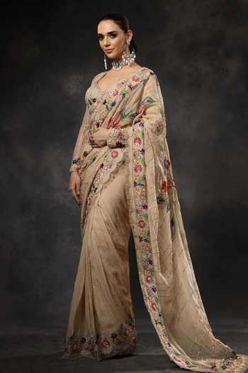 Shop_Miku Kumar_Beige Organza Sweetheart Neck Veda Pre-draped Saree With Embroidered Blouse _Online_at_Aza_Fashions
