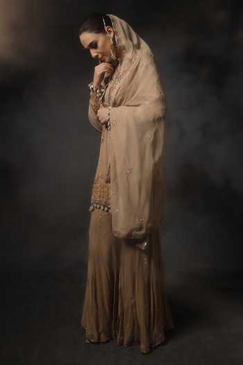 Miku Kumar_Beige Georgette Round Neck, Yes Saanjh Embroidered Kurta Sharara Set _Online_at_Aza_Fashions