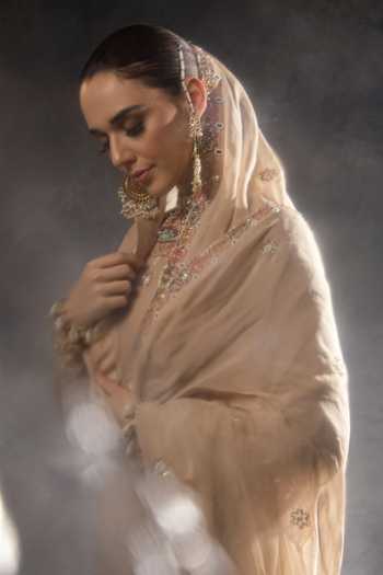 Buy_Miku Kumar_Beige Georgette Round Neck, Yes Saanjh Embroidered Kurta Sharara Set _Online_at_Aza_Fashions