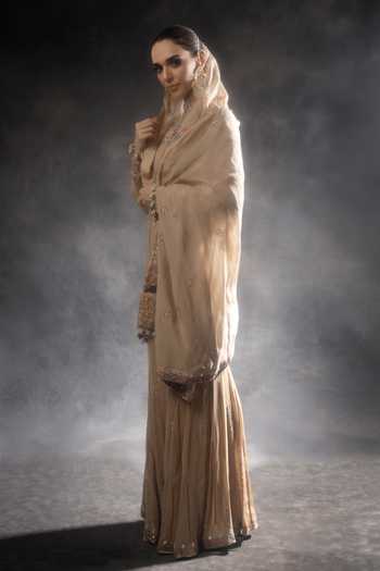 Shop_Miku Kumar_Beige Georgette Round Neck, Yes Saanjh Embroidered Kurta Sharara Set _Online_at_Aza_Fashions