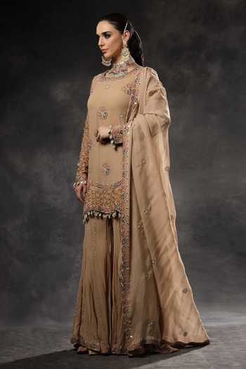 Miku Kumar_Beige Georgette Round Neck, Yes Saanjh Embroidered Kurta Sharara Set _at_Aza_Fashions