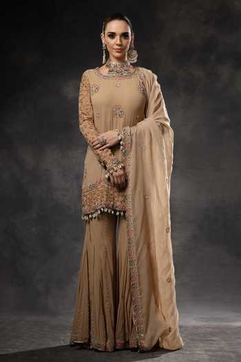 Buy_Miku Kumar_Beige Georgette Round Neck, Yes Saanjh Embroidered Kurta Sharara Set 