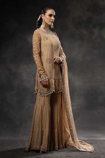 Shop_Miku Kumar_Beige Georgette Round Neck, Yes Saanjh Embroidered Kurta Sharara Set 