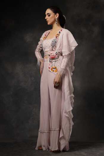 Miku Kumar_Pink Georgette Open Neck Tarana Embroidered Jacket Bell Bottom Pant Set _Online_at_Aza_Fashions