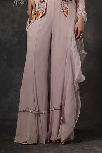 Buy_Miku Kumar_Pink Georgette Open Neck Tarana Embroidered Jacket Bell Bottom Pant Set _Online_at_Aza_Fashions