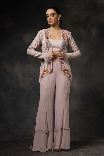Shop_Miku Kumar_Pink Georgette Open Neck Tarana Embroidered Jacket Bell Bottom Pant Set _Online_at_Aza_Fashions