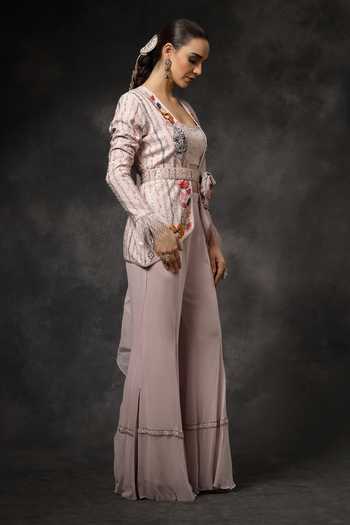Miku Kumar_Pink Georgette Open Neck Tarana Embroidered Jacket Bell Bottom Pant Set _at_Aza_Fashions