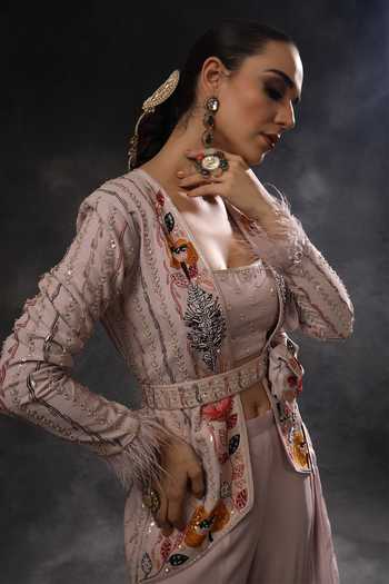Buy_Miku Kumar_Pink Georgette Open Neck Tarana Embroidered Jacket Bell Bottom Pant Set 