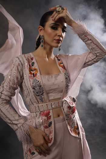 Shop_Miku Kumar_Pink Georgette Open Neck Tarana Embroidered Jacket Bell Bottom Pant Set 