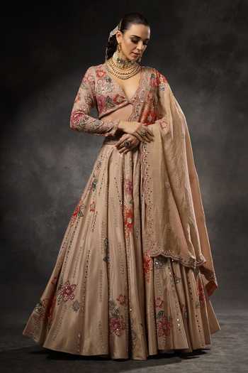 Miku Kumar_Pink Georgette, Tissue V-neck Vaani Embroidered Lehenga Set _Online_at_Aza_Fashions