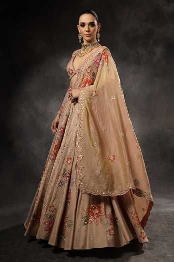 Buy_Miku Kumar_Pink Georgette, Tissue V-neck Vaani Embroidered Lehenga Set _Online_at_Aza_Fashions