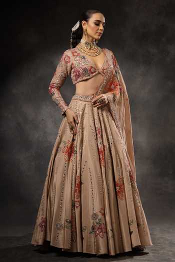 Shop_Miku Kumar_Pink Georgette, Tissue V-neck Vaani Embroidered Lehenga Set _Online_at_Aza_Fashions