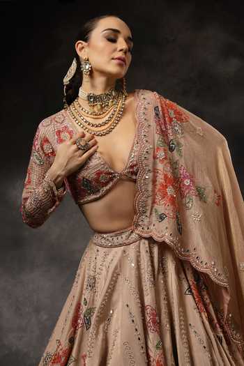 Miku Kumar_Pink Georgette, Tissue V-neck Vaani Embroidered Lehenga Set _at_Aza_Fashions