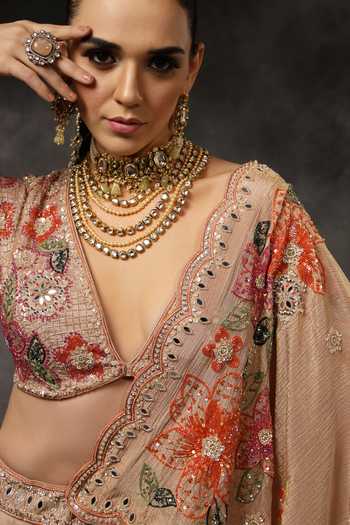Buy_Miku Kumar_Pink Georgette, Tissue V-neck Vaani Embroidered Lehenga Set 
