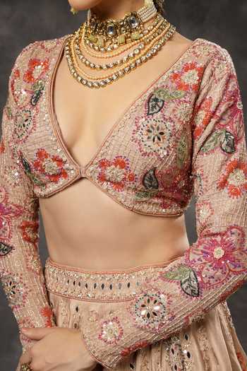 Shop_Miku Kumar_Pink Georgette, Tissue V-neck Vaani Embroidered Lehenga Set 