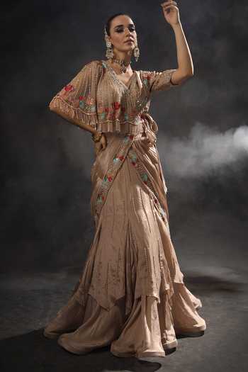 Miku Kumar_Pink Georgette, Net, Tissue V-neck Rivaya Pre-draped Lehenga Saree With Blouse _Online_at_Aza_Fashions