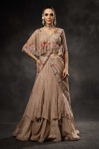Buy_Miku Kumar_Pink Georgette, Net, Tissue V-neck Rivaya Pre-draped Lehenga Saree With Blouse _Online_at_Aza_Fashions