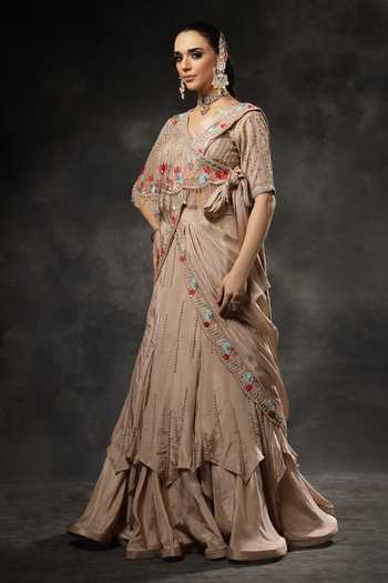 Shop_Miku Kumar_Pink Georgette, Net, Tissue V-neck Rivaya Pre-draped Lehenga Saree With Blouse _Online_at_Aza_Fashions