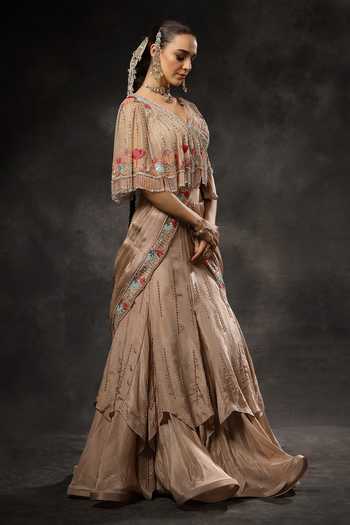Miku Kumar_Pink Georgette, Net, Tissue V-neck Rivaya Pre-draped Lehenga Saree With Blouse _at_Aza_Fashions