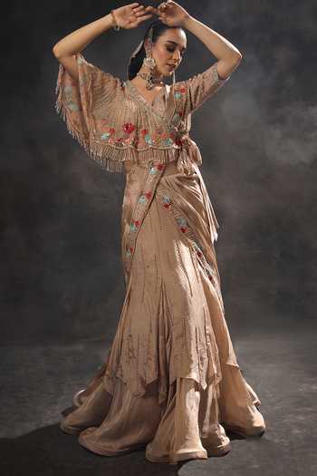 Buy_Miku Kumar_Pink Georgette, Net, Tissue V-neck Rivaya Pre-draped Lehenga Saree With Blouse 