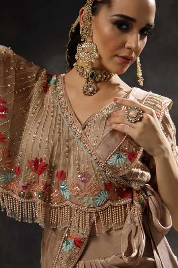 Shop Miku Kumar Pink Georgette, Net, Tissue V-neck Rivaya Pre-draped Lehenga Saree With Blouse Shop_Miku Kumar_Pink Georgette, Net, Tissue V-neck Rivaya Pre-draped Lehenga Saree With Blouse