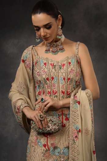 Buy_Miku Kumar_Beige Organza, Net Sweetheart Neck Ruhani Embroidered Lehenga Set 