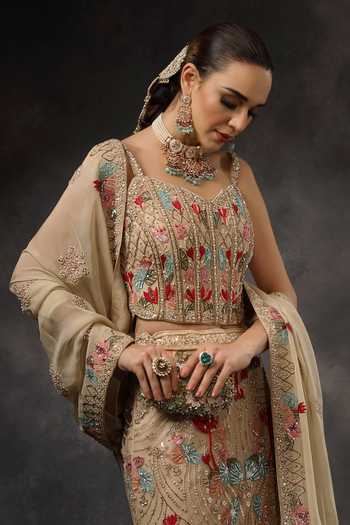 Shop_Miku Kumar_Beige Organza, Net Sweetheart Neck Ruhani Embroidered Lehenga Set 