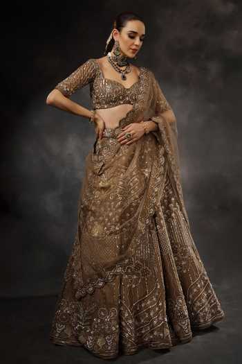 Shop_Miku Kumar_Brown Net Sweetheart Neck Nayika Embroidered Lehenga Set _Online_at_Aza_Fashions