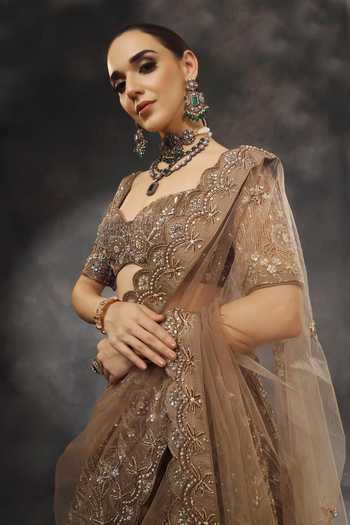 Buy_Miku Kumar_Brown Net Sweetheart Neck Nayika Embroidered Lehenga Set 