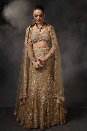 Buy_Miku Kumar_Beige Net Sweetheart Neck Noor Embroidered Lehenga Set _Online_at_Aza_Fashions