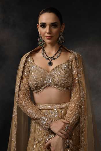 Shop_Miku Kumar_Beige Net Sweetheart Neck Noor Embroidered Lehenga Set _Online_at_Aza_Fashions