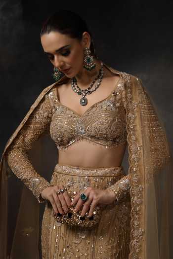 Miku Kumar_Beige Net Sweetheart Neck Noor Embroidered Lehenga Set _at_Aza_Fashions