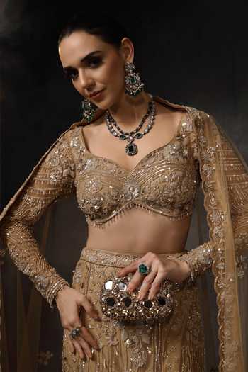 Buy_Miku Kumar_Beige Net Sweetheart Neck Noor Embroidered Lehenga Set 