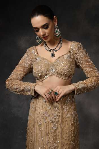 Shop_Miku Kumar_Beige Net Sweetheart Neck Noor Embroidered Lehenga Set 