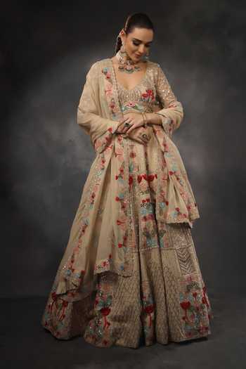 Miku Kumar_Beige Organza, Georgette V-neck Mishka Embroidered Lehenga Set _Online_at_Aza_Fashions