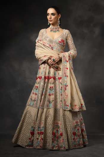 Buy_Miku Kumar_Beige Organza, Georgette V-neck Mishka Embroidered Lehenga Set _Online_at_Aza_Fashions