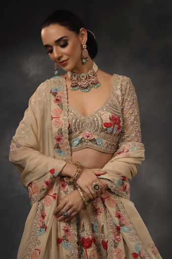 Shop_Miku Kumar_Beige Organza, Georgette V-neck Mishka Embroidered Lehenga Set _Online_at_Aza_Fashions