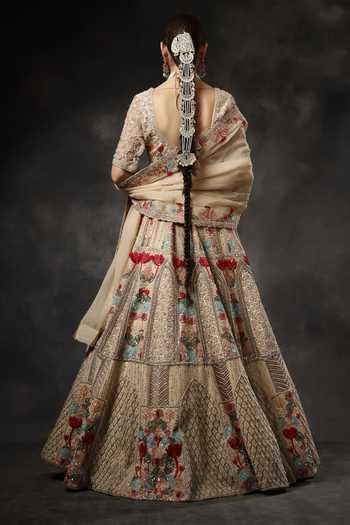 Miku Kumar_Beige Organza, Georgette V-neck Mishka Embroidered Lehenga Set _at_Aza_Fashions