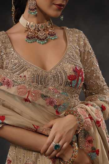 Buy_Miku Kumar_Beige Organza, Georgette V-neck Mishka Embroidered Lehenga Set 
