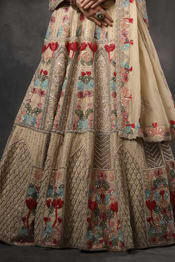 Shop_Miku Kumar_Beige Organza, Georgette V-neck Mishka Embroidered Lehenga Set 