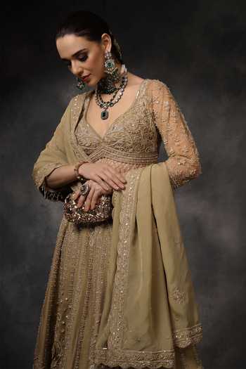 Buy_Miku Kumar_Gold Silk, Organza Sweetheart Neck Tisya Embroidered Lehenga Set _Online_at_Aza_Fashions