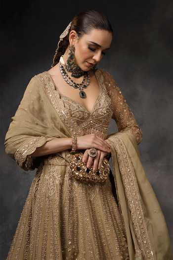 Shop_Miku Kumar_Gold Silk, Organza Sweetheart Neck Tisya Embroidered Lehenga Set _Online_at_Aza_Fashions