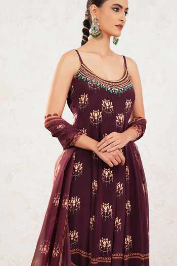 Shop_Miku Kumar_Brown Crepe Scoop Neck Lavya Floral Print Anarkali Set _Online_at_Aza_Fashions