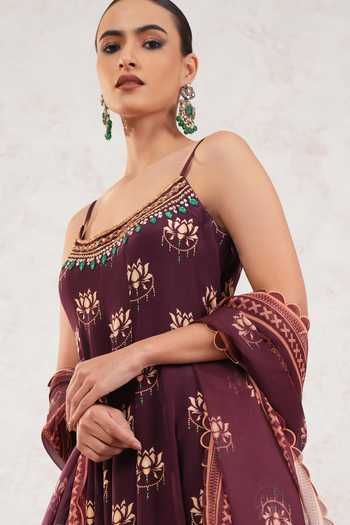 Miku Kumar_Brown Crepe Scoop Neck Lavya Floral Print Anarkali Set _at_Aza_Fashions