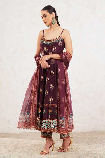 Buy_Miku Kumar_Brown Crepe Scoop Neck Lavya Floral Print Anarkali Set 
