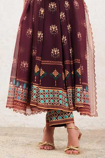 Shop_Miku Kumar_Brown Crepe Scoop Neck Lavya Floral Print Anarkali Set 